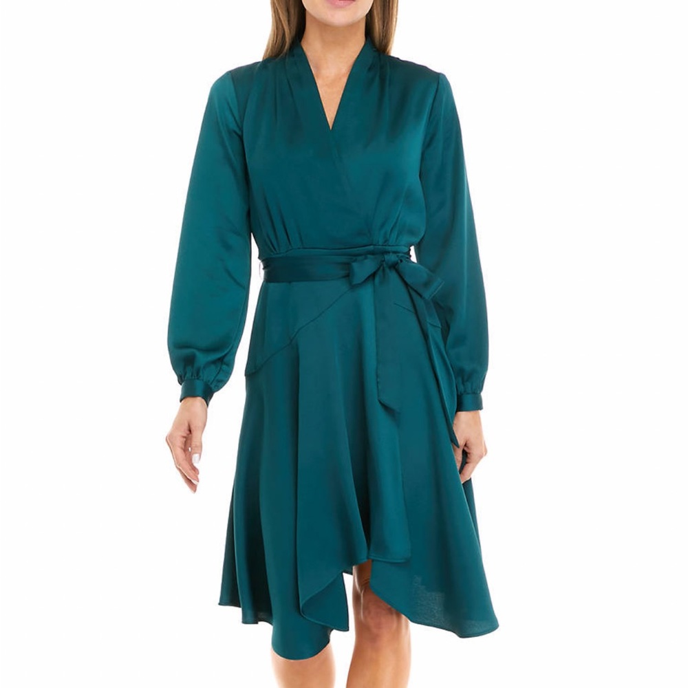 BRAND NEW Dark green long sleeve faux wrap dress, size 16